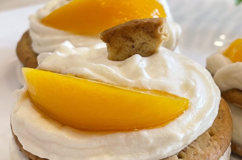 Delicious coconut and peach biscuit sandwich with berry jam