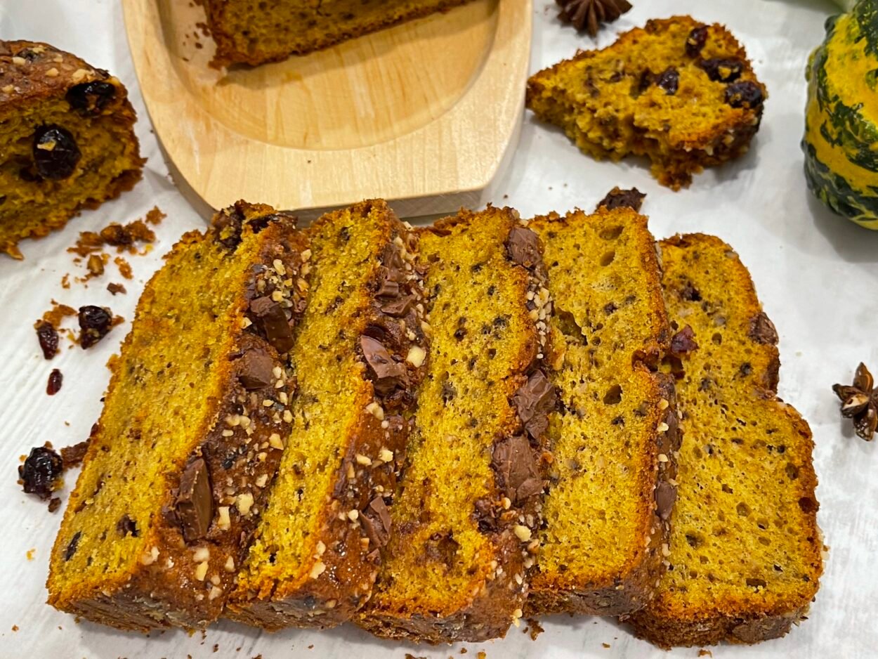 Delicious Spiced Pumpkin Loaf Cake With Chocolate and Cranberries