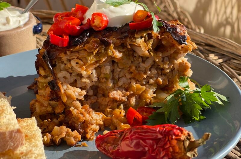 Baked sauerkraut with minced meat and rice