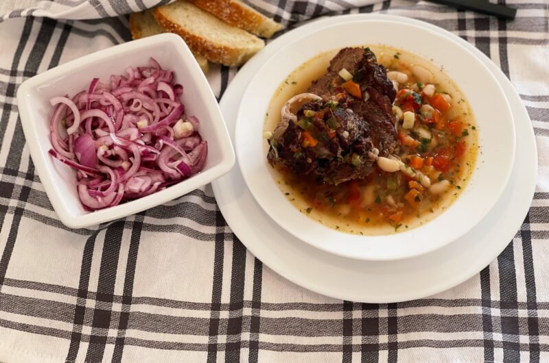 Bean and Smoked Meat Soup with Red Onion Salad