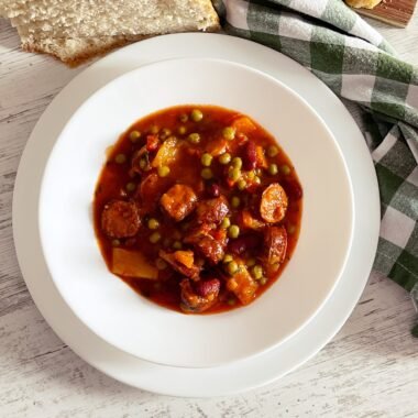 cover photo 1 Delicious Peas and Vegetable Stew with Smoked Sausages in Fiery Red Tomato Sauce