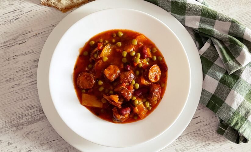 cover photo 1 Delicious Peas and Vegetable Stew with Smoked Sausages in Fiery Red Tomato Sauce