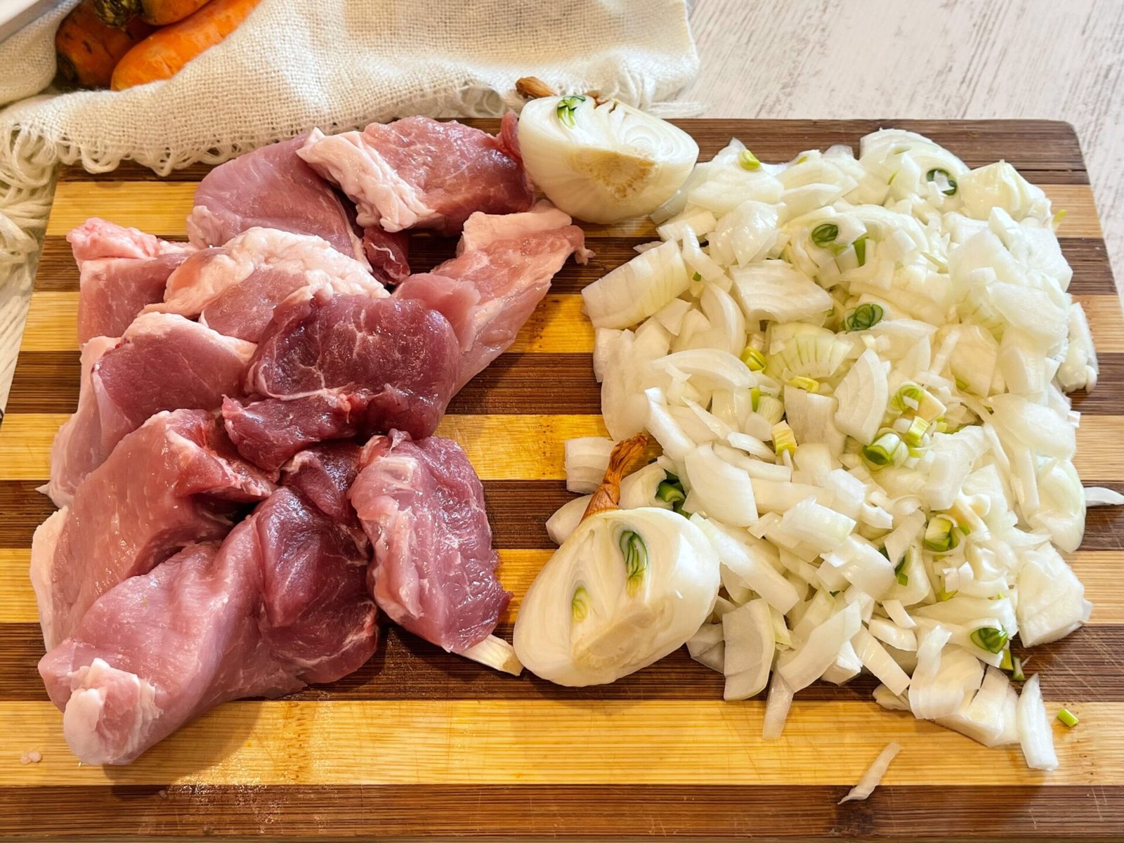 meat and onion prep for the Romanian Cauldron Stuffing – A Recipe Passed Down from My Grandmother