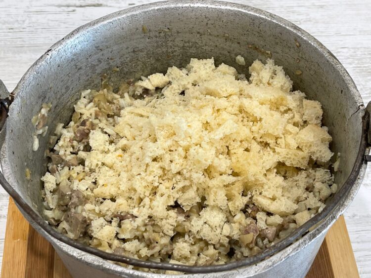 adding bread to the Romanian Cauldron Stuffing – A Recipe Passed Down from My Grandmother