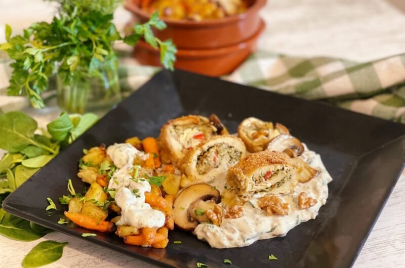 Chicken Roulade with Herbs and Nuts, Served with a Creamy Mushroom and Spinach Sauce