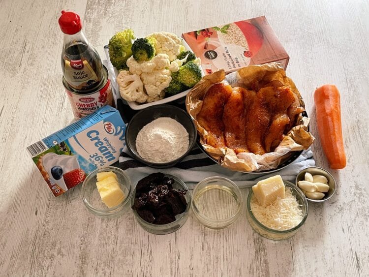 ingredients Delicious Chicken In Creamy Sauce With Cherry Tomatoes And Parmesan