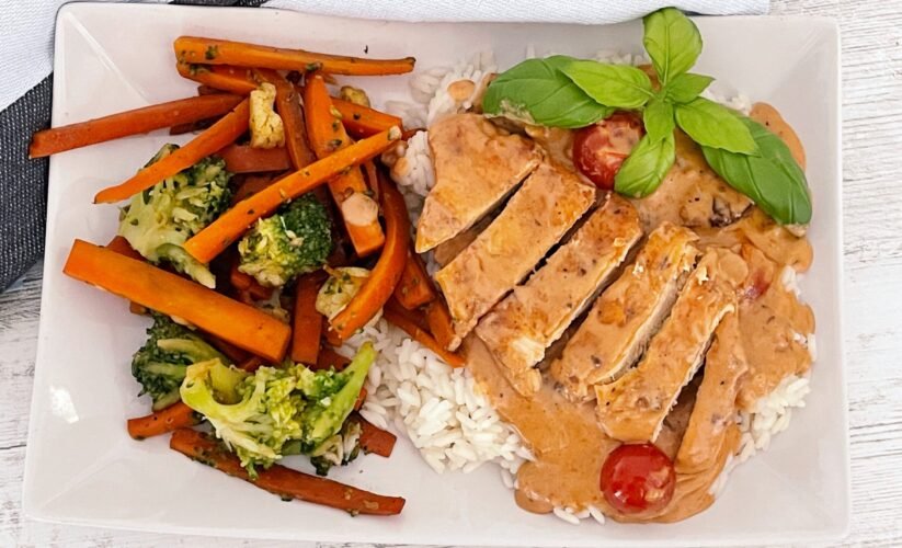 cover photo Delicious Chicken In Creamy Sauce With Cherry Tomatoes And Parmesan