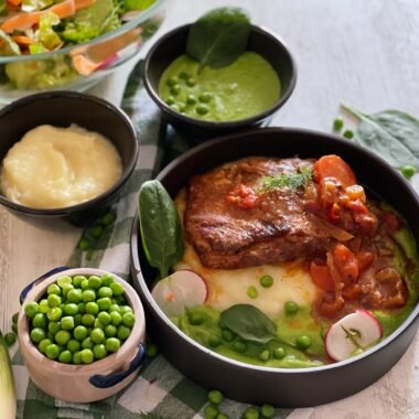 Delicious Slow Cook Ribs with Mashed Peas and Aromatic Potatoes