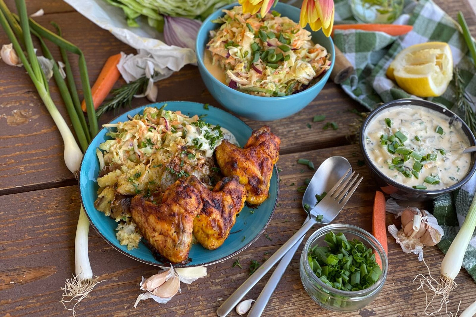 Smashed Potatoes with Crispy Chicken Wings and Coleslaw Salad– A Rustic Summer Lunch Idea