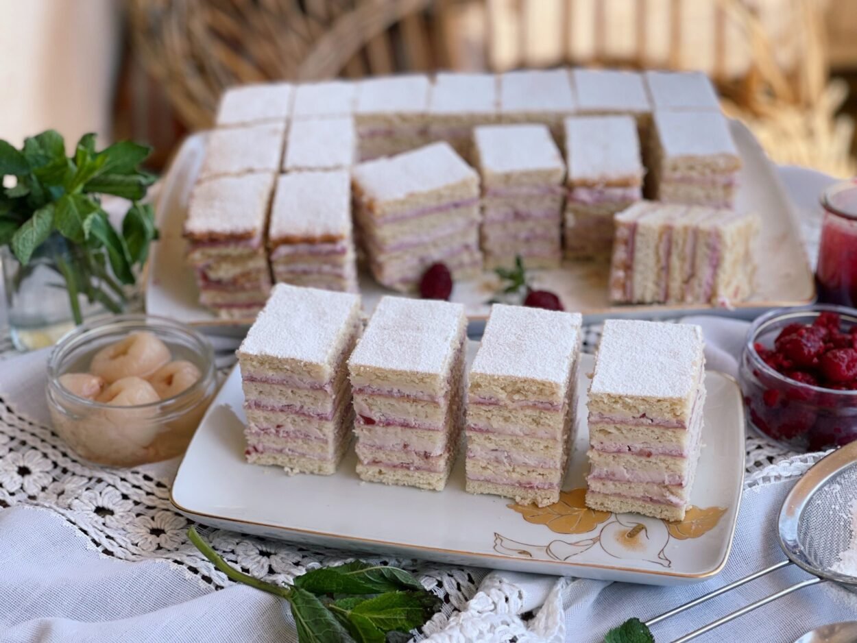 Coconut and Lychee Cream Cake with Raspberry Sauce – inspired by a classic Romanian layered cake