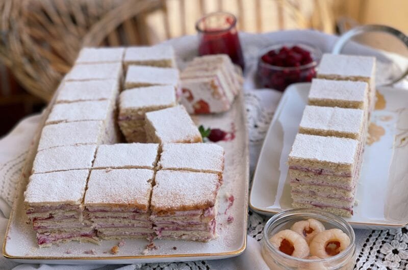 Coconut and Lychee Cream Cake with Raspberry Sauce