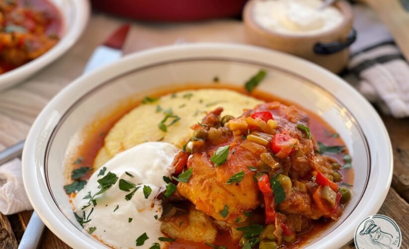 Mâncare de pui cu sos de roșii si legume