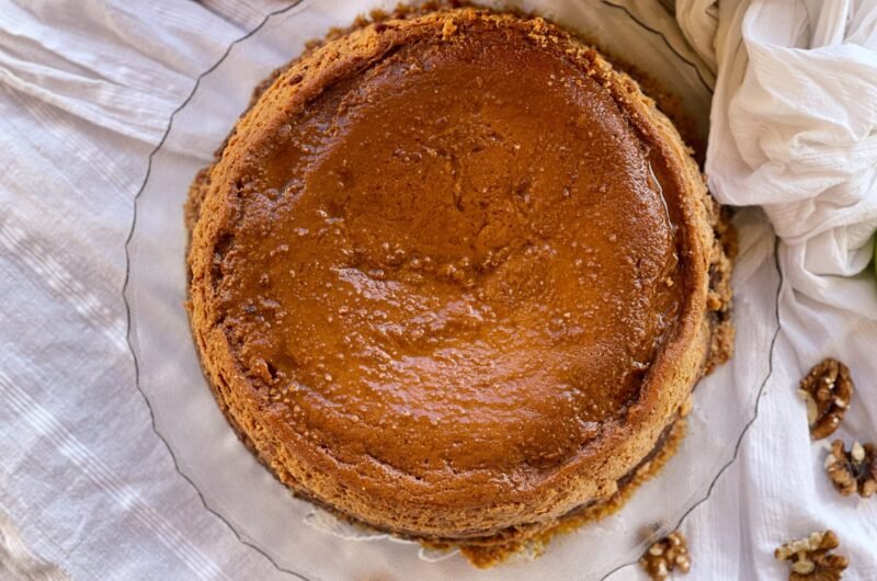 Caramel Custard Cake with Apples and Walnuts