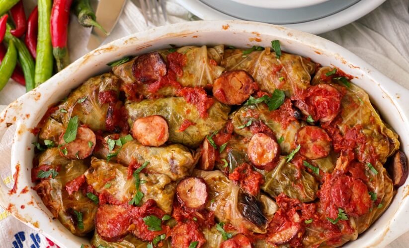 Sarmale în foi de varza dulce, cu legume si carnati afumati cover photo