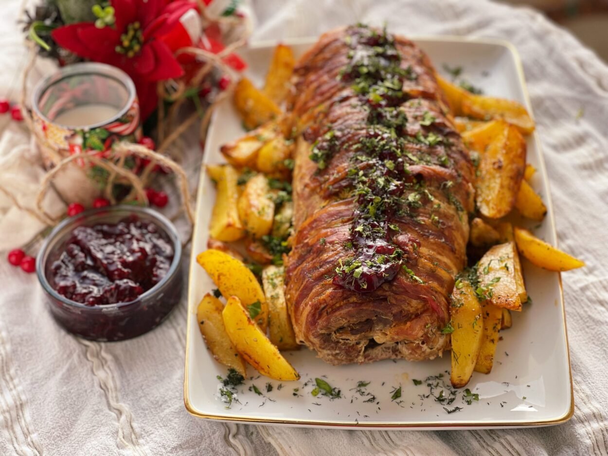 Oven-Roasted Pork Roll with Fruit Sauce and Baked Potatoes