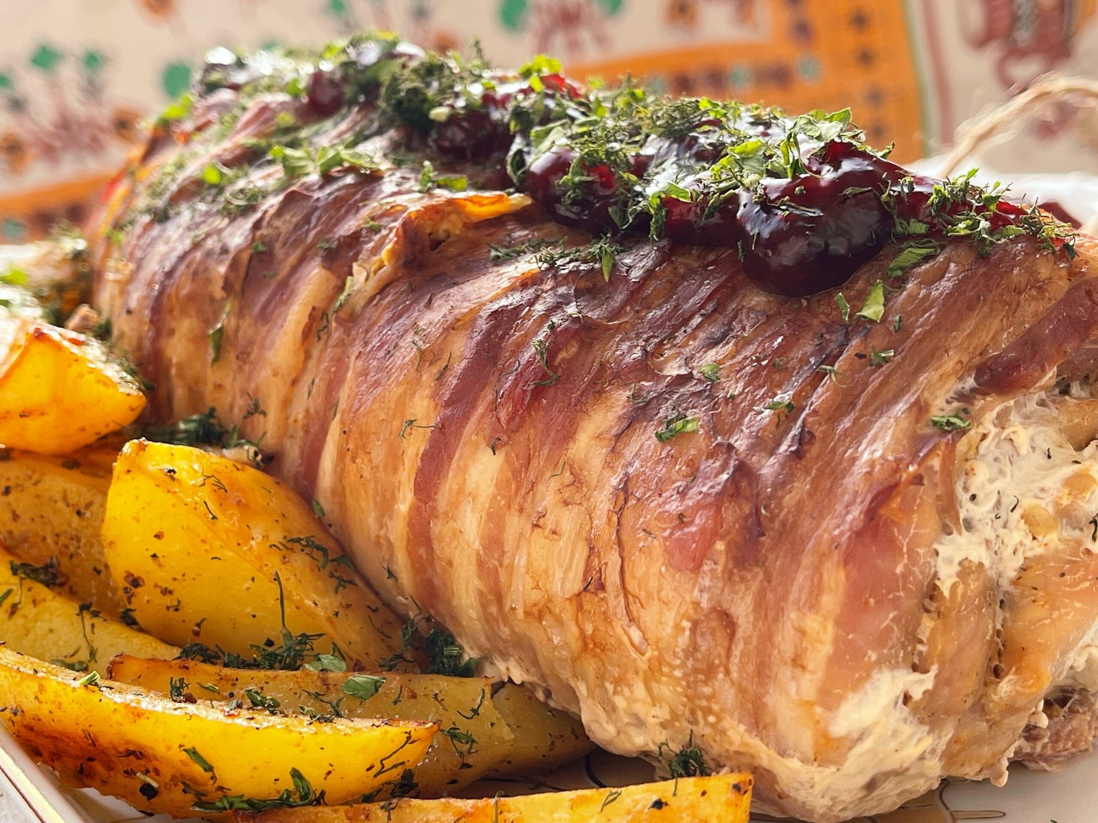 Ruladă de porc cu sos de fructe și cartofi copți servire 2 Ruladă de porc cu sos de fructe și cartofi copți servire 2