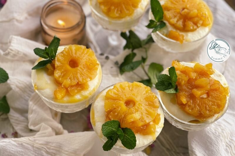 Quick dessert in a glass with ricotta, pineapple, and sponge cake