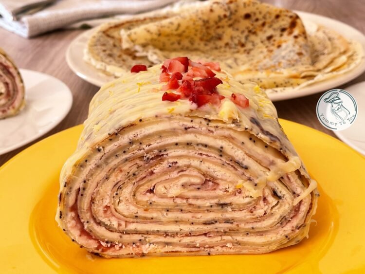 Ruladă de clătite cu lămâie, mac și cremă de mascarpone servire 1 Ruladă de clătite cu lămâie, mac și cremă de mascarpone servire 1