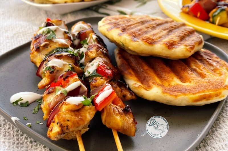 Chicken Skewers with Bacon and Cheddar Pancakes on the Grill