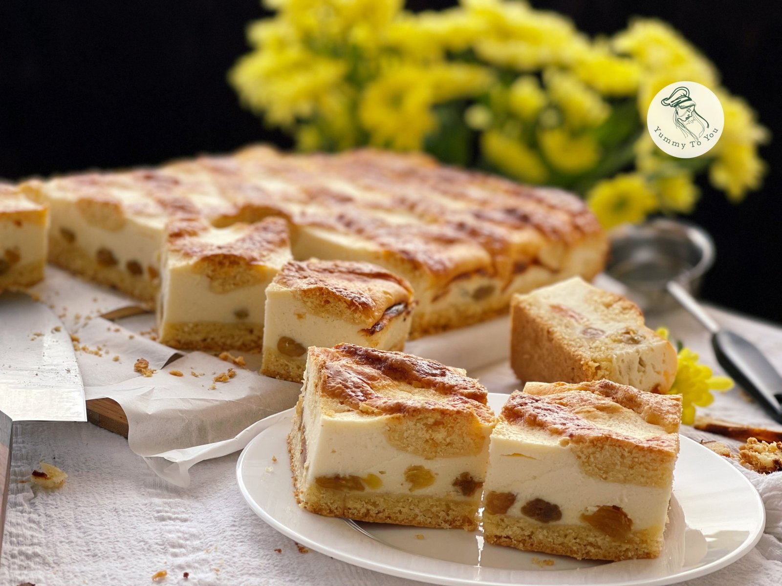 Plăcintă cu brânză dulce, smântână și aluat fraged servire 1
