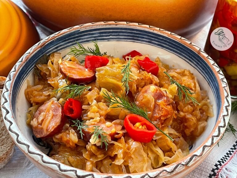 Baked sauerkraut with rice and smoked sausages