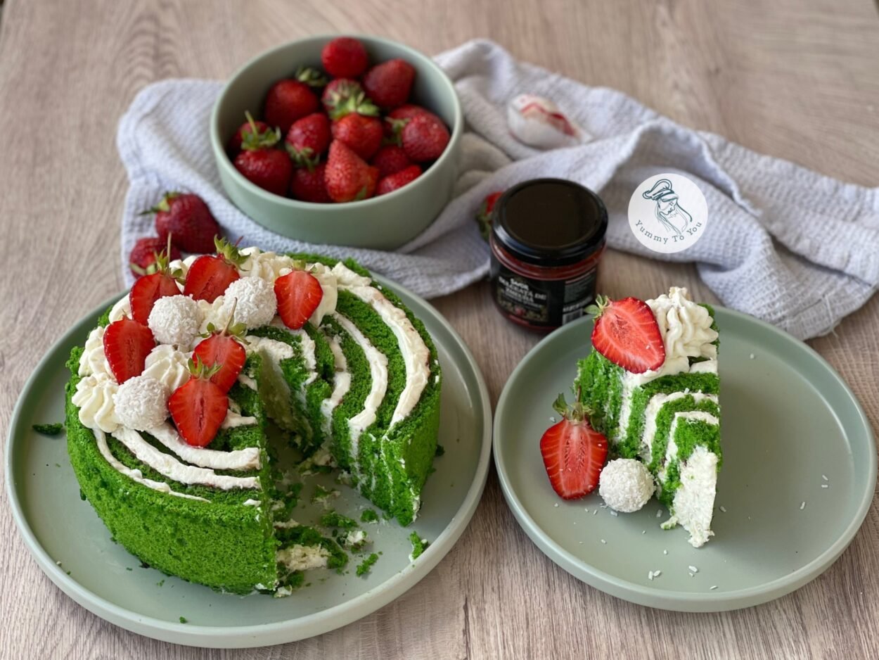 Green Velvet Spiral Cake with Spinach, Raffaello Cream and Raspberry Jam – Step-by-Step Recipe