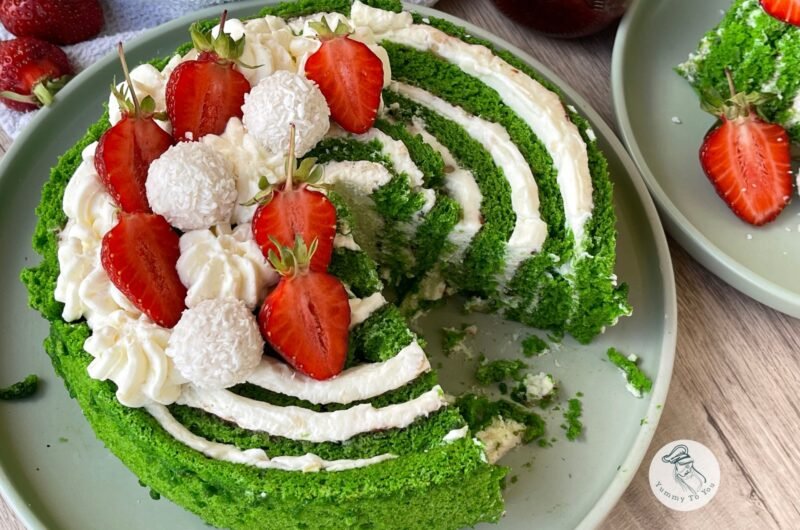 Green Velvet Spiral Cake with Spinach, Raffaello Cream and Raspberry Jam