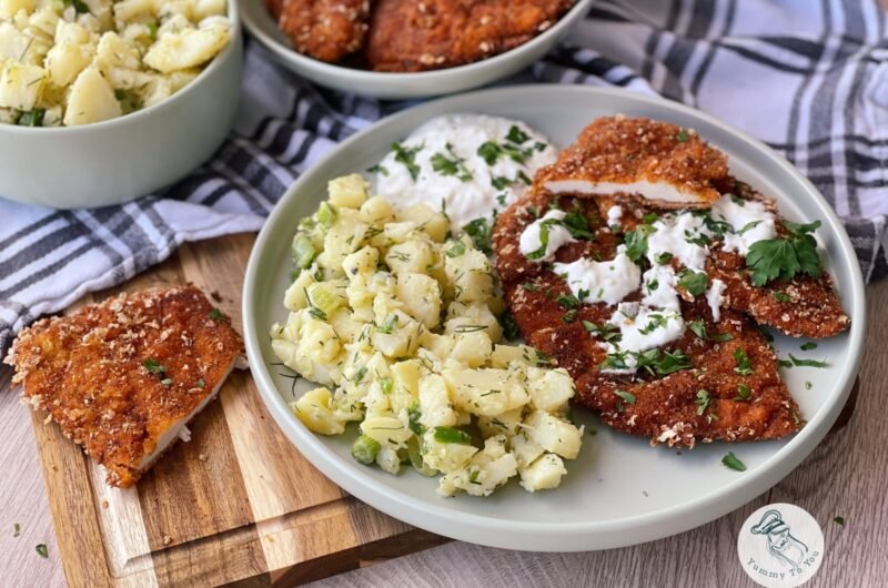 Crispy Panko Chicken Schnitzels with Baby Potato Salad