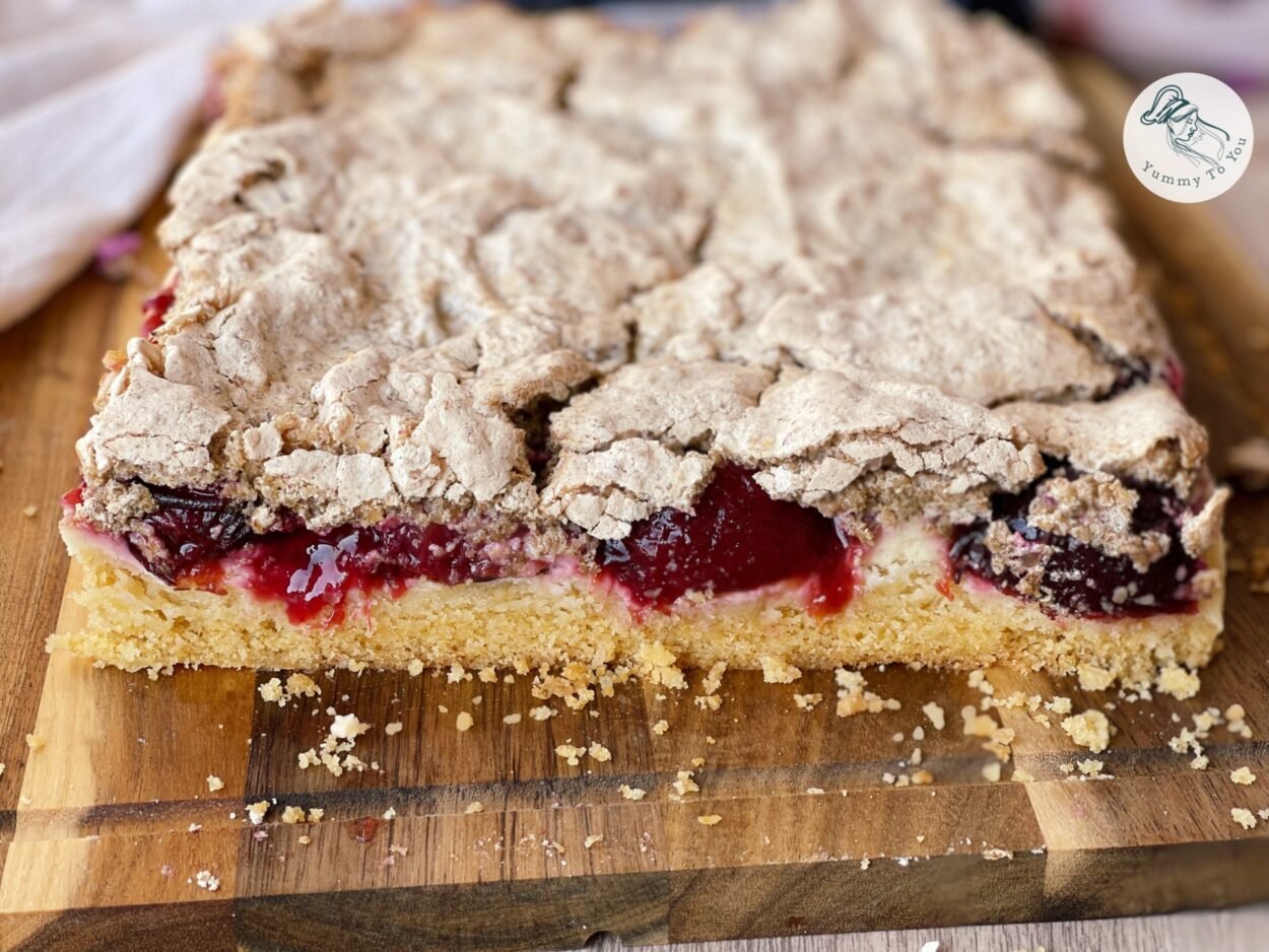 Tender Plum Cake with Cream Cheese and Walnut Meringue