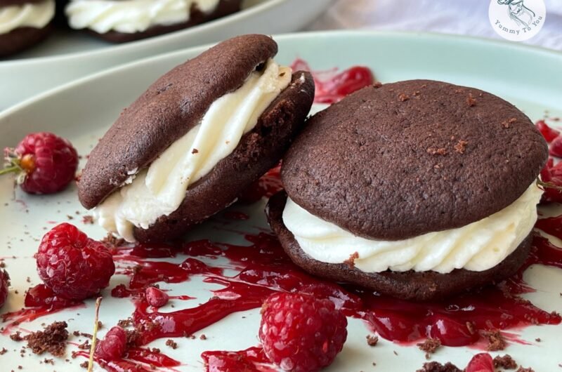 Chocolate Whoopie Pies with Cream Cheese Filling and Raspberries
