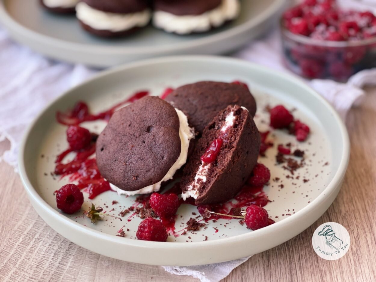 Chocolate Whoopie Pies with Cream Cheese Filling and Raspberries