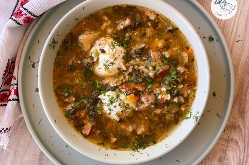 Spinach Soup with Smoked Pork and Poached Eggs