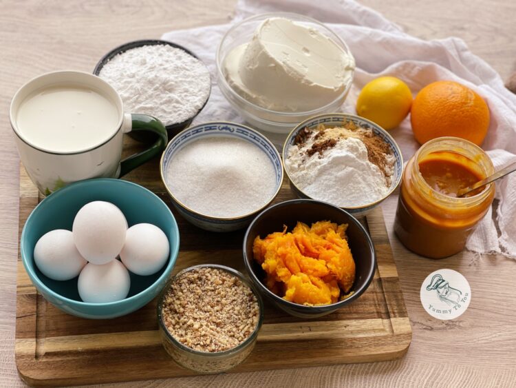 Prăjitură cu dovleac copt, cremă de brânză și caramel sărat ingrediente Prăjitură cu dovleac copt, cremă de brânză și caramel sărat ingrediente