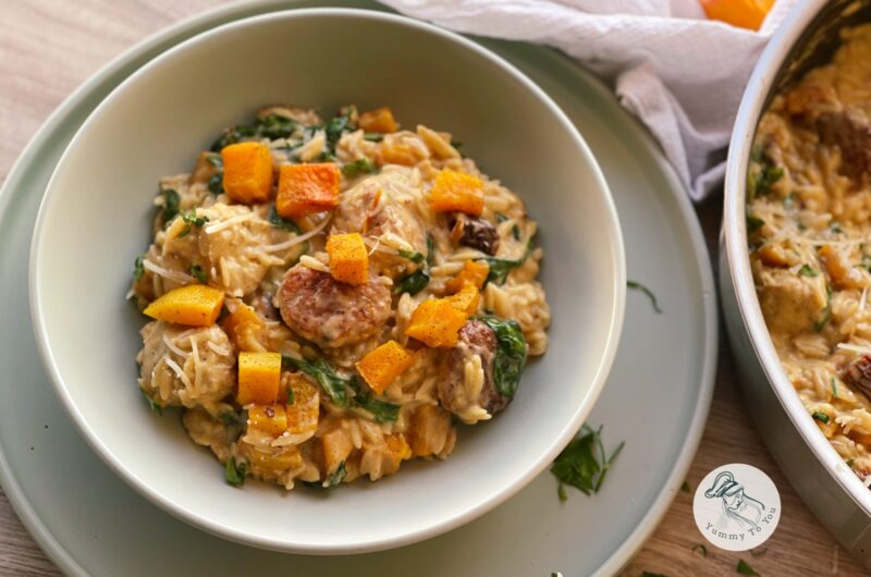 Creamy Orzo with Chicken Meatballs and Pumpkin